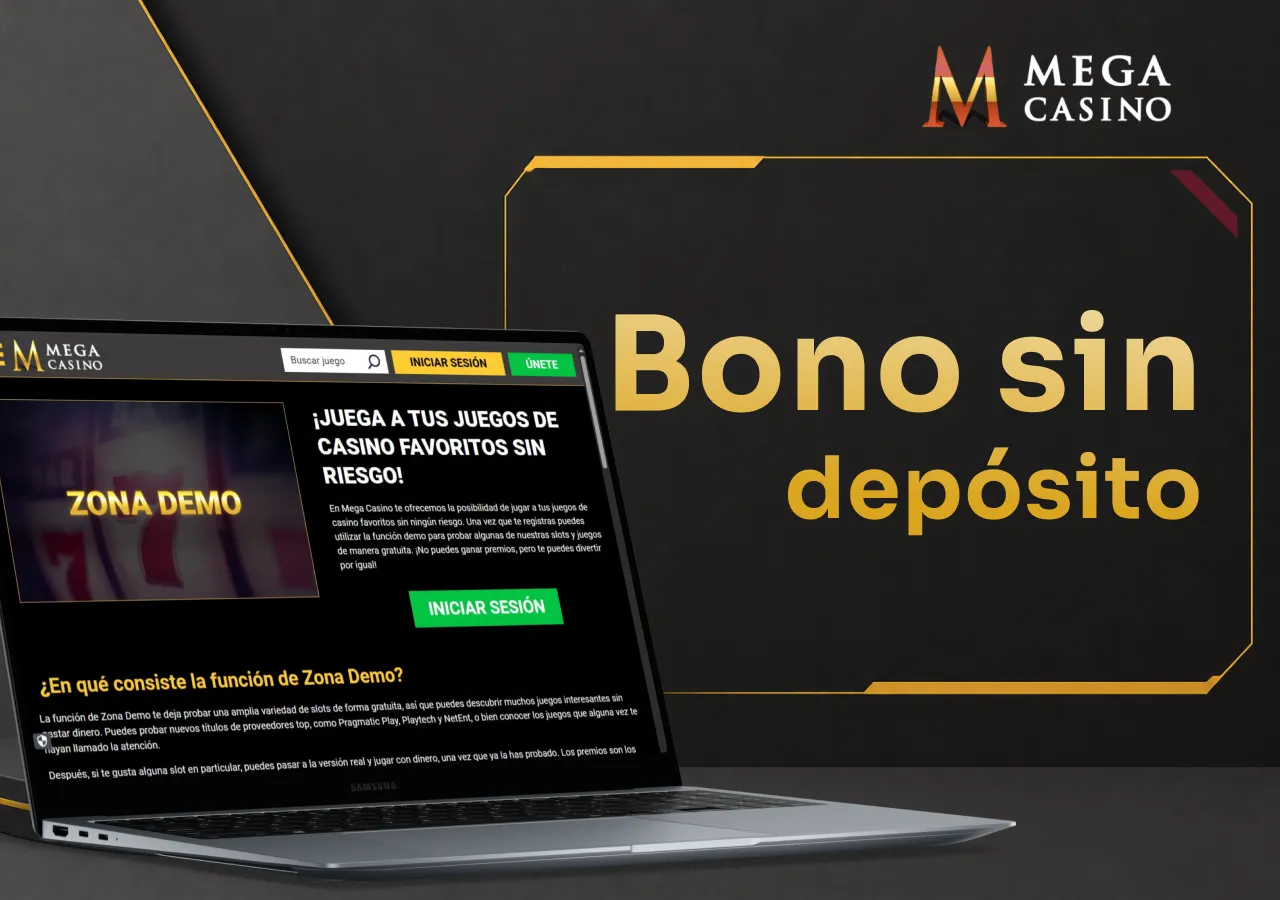 Portátil con la sección de bonos sin depósito disponibles en Mega Casino.