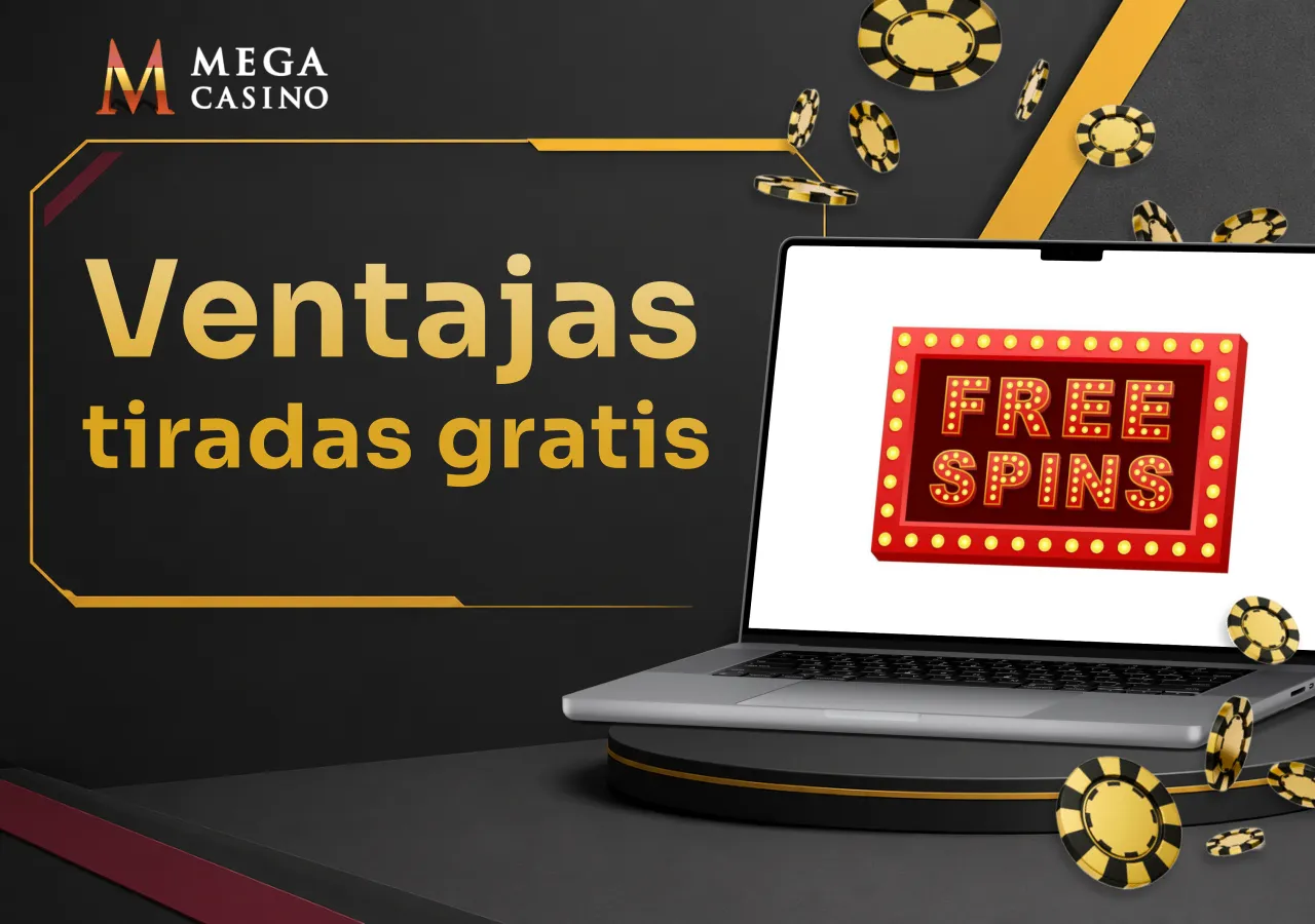 Portátil con una oferta de giros gratis y fichas flotantes que destacan la cantidad de tiradas disponibles en Mega Casino.