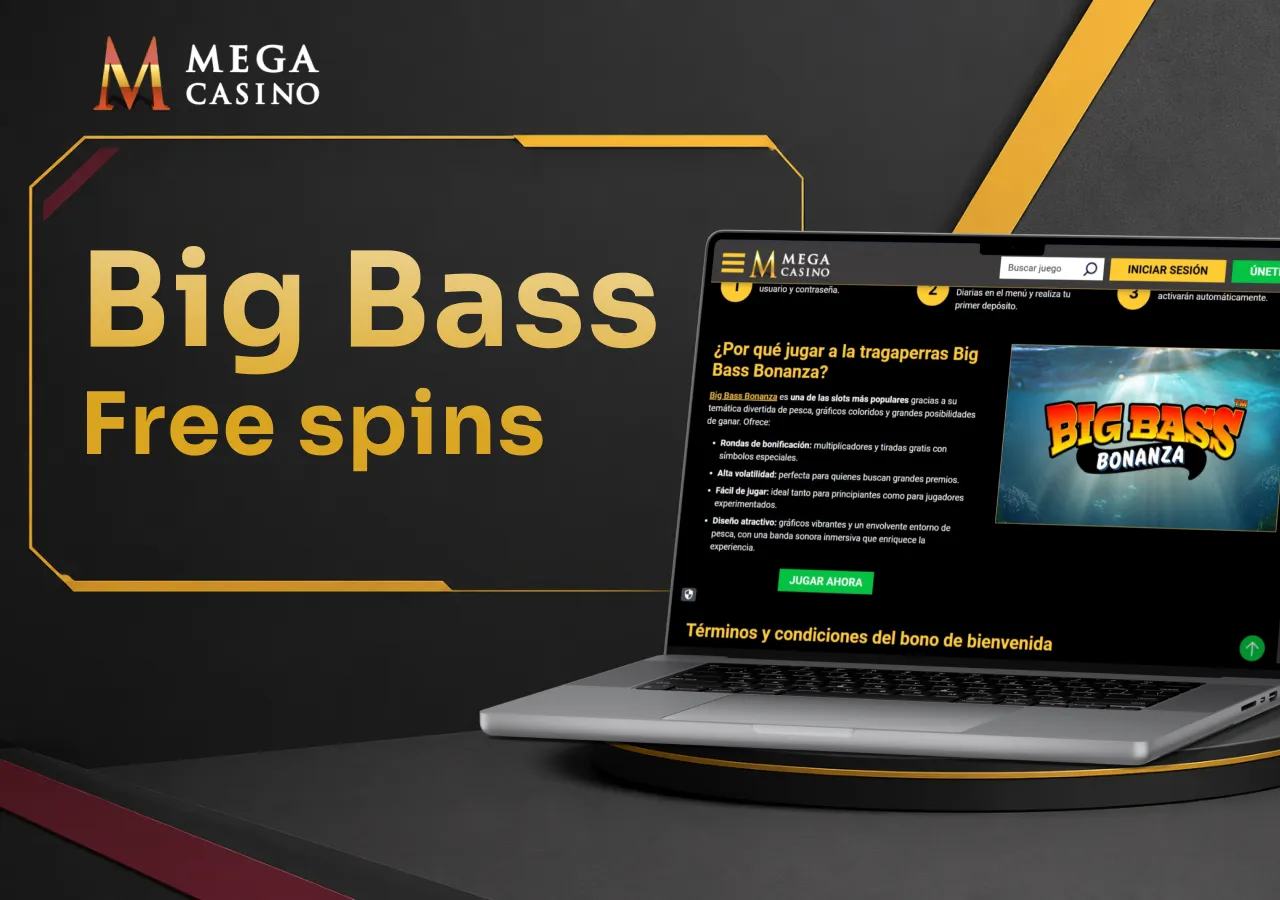 Portátil con las condiciones del bono para usar los giros gratis en la serie Big Bass Bonanza.
