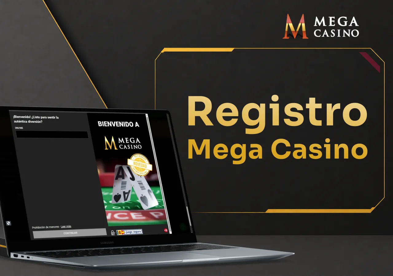 Portátil con el formulario de registro de Mega Casino listo para crear una cuenta.