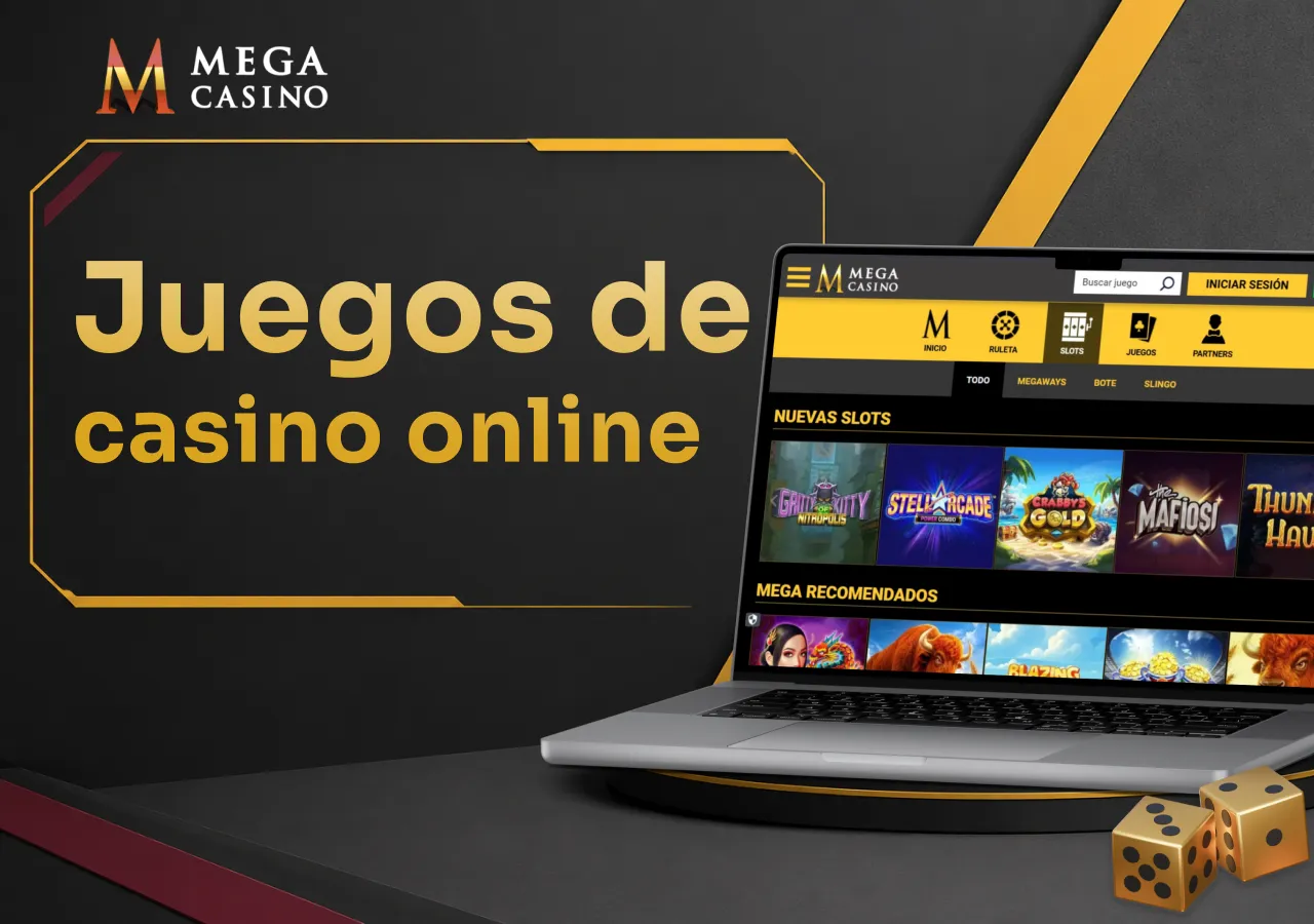 Portátil con el catálogo de juegos de casino y dados decorativos a un lado.
