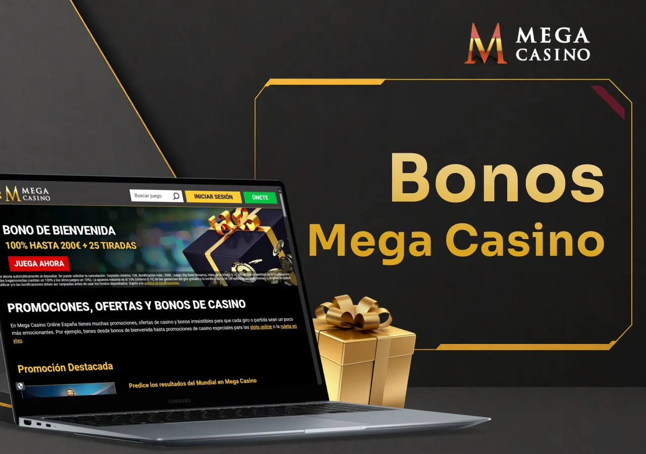 Portátil con la sección de bonos y un regalo que destaca las promociones disponibles.