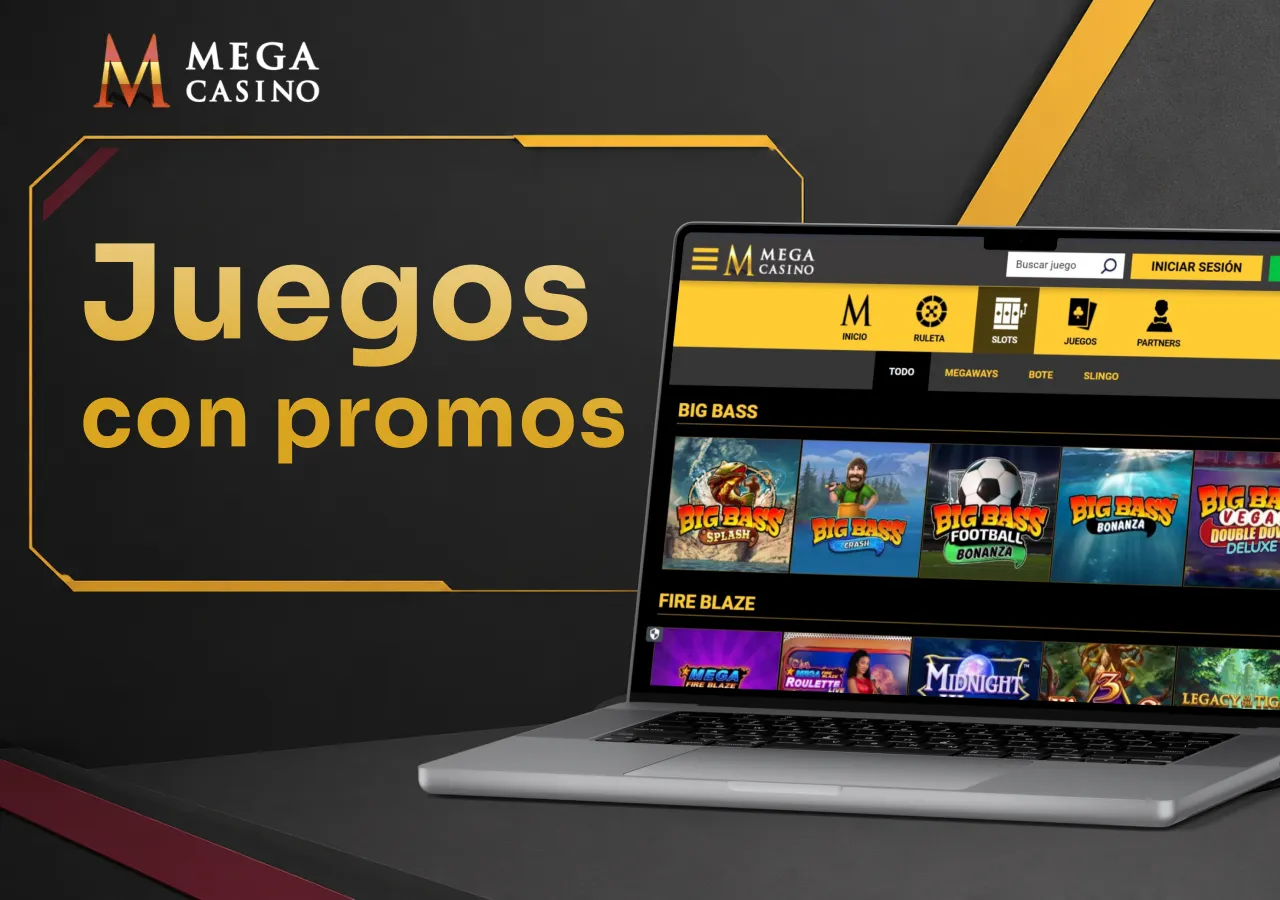Portátil con el catálogo de juegos compatibles con los bonos promocionales de Mega Casino.
