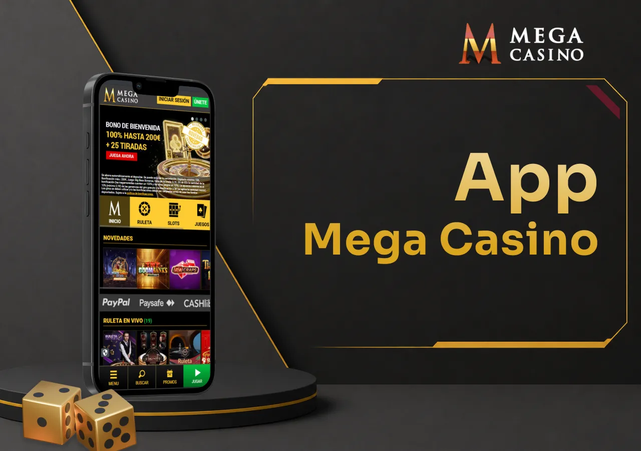 Teléfono con la página principal de Mega Casino y dados decorativos a un lado.