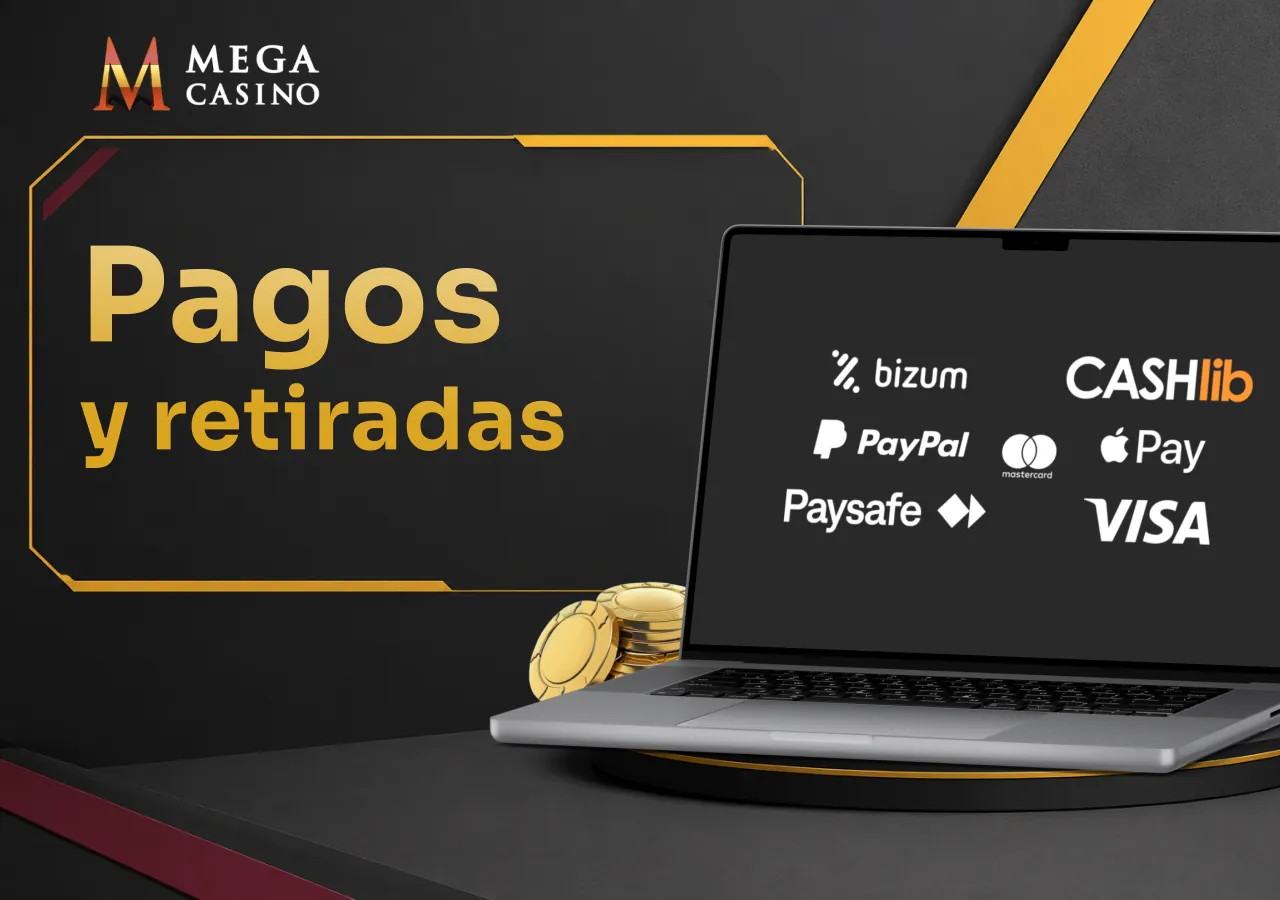 Portátil con los métodos de pago disponibles y fichas de casino como elemento decorativo.